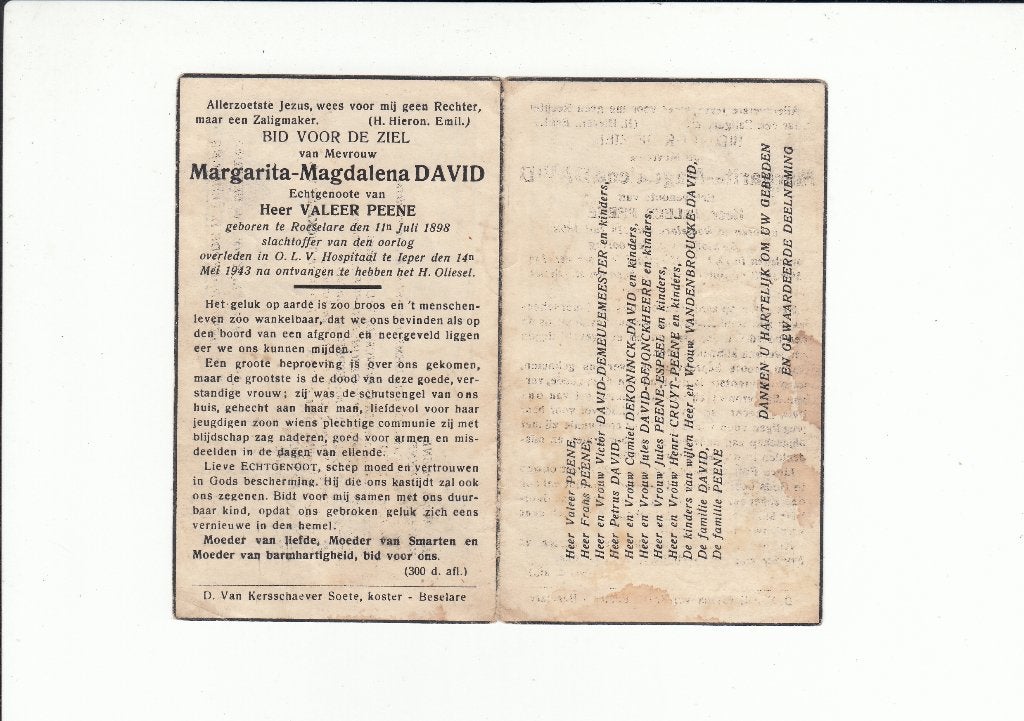 Slachtoffer WO II - Roeselare - Ieper 1943, Verzamelen, Bidprentjes en Rouwkaarten, Verzenden, Bidprentje
