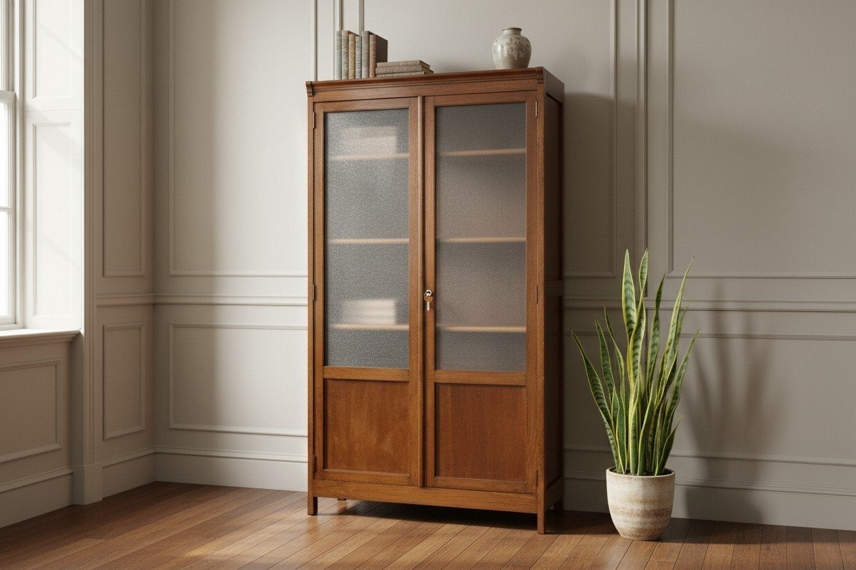 Vitrine haute en bois vintage XL avec verre, Enlèvement ou Envoi