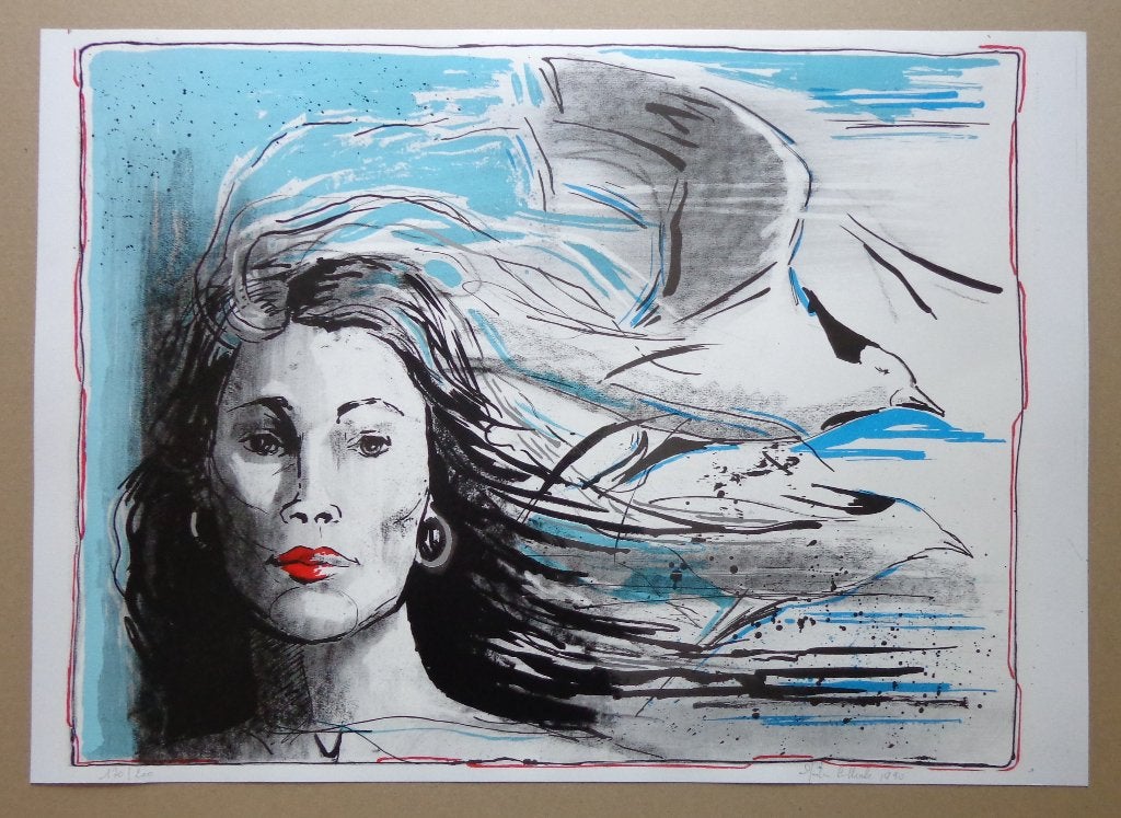 NEDERLANDSE SCHOOL / VROUW MEEUWEN / LITHO / 50x69cm / SIG, Antiquités & Art, Enlèvement ou Envoi, Lithographie, Portraits et figures