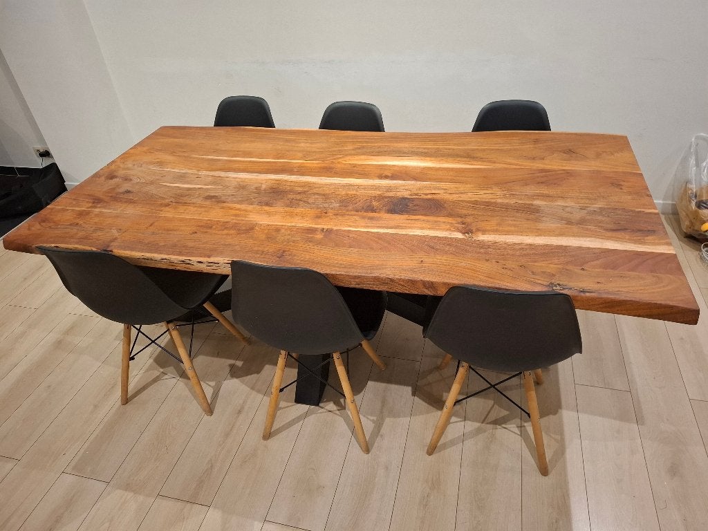 Massieve houten eettafel met metalen spinpoot, Ophalen, 50 tot 100 cm, Zo goed als nieuw, Vijf personen of meer