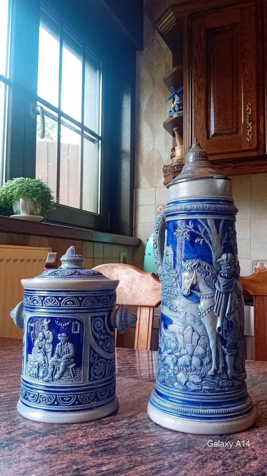 Ensemble vintage en grès bleu et gris – Chope de bière & Pot, Enlèvement ou Envoi