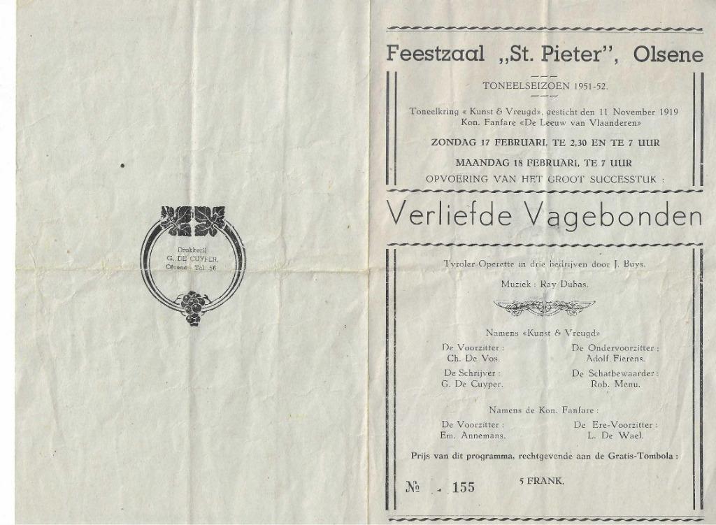 Oud toneelprogramma "Kunst en Vreugde-Olsene" ( Verzam-003 ), Collections, Collections Autre, Utilisé, Enlèvement ou Envoi
