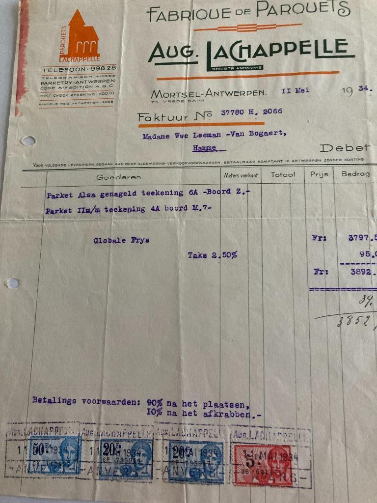 Mortsel :Oud factuur 1934 Aug. La Chapelle ( parquets) zegel, Verzamelen, Ophalen of Verzenden, Gebruikt, Overige typen