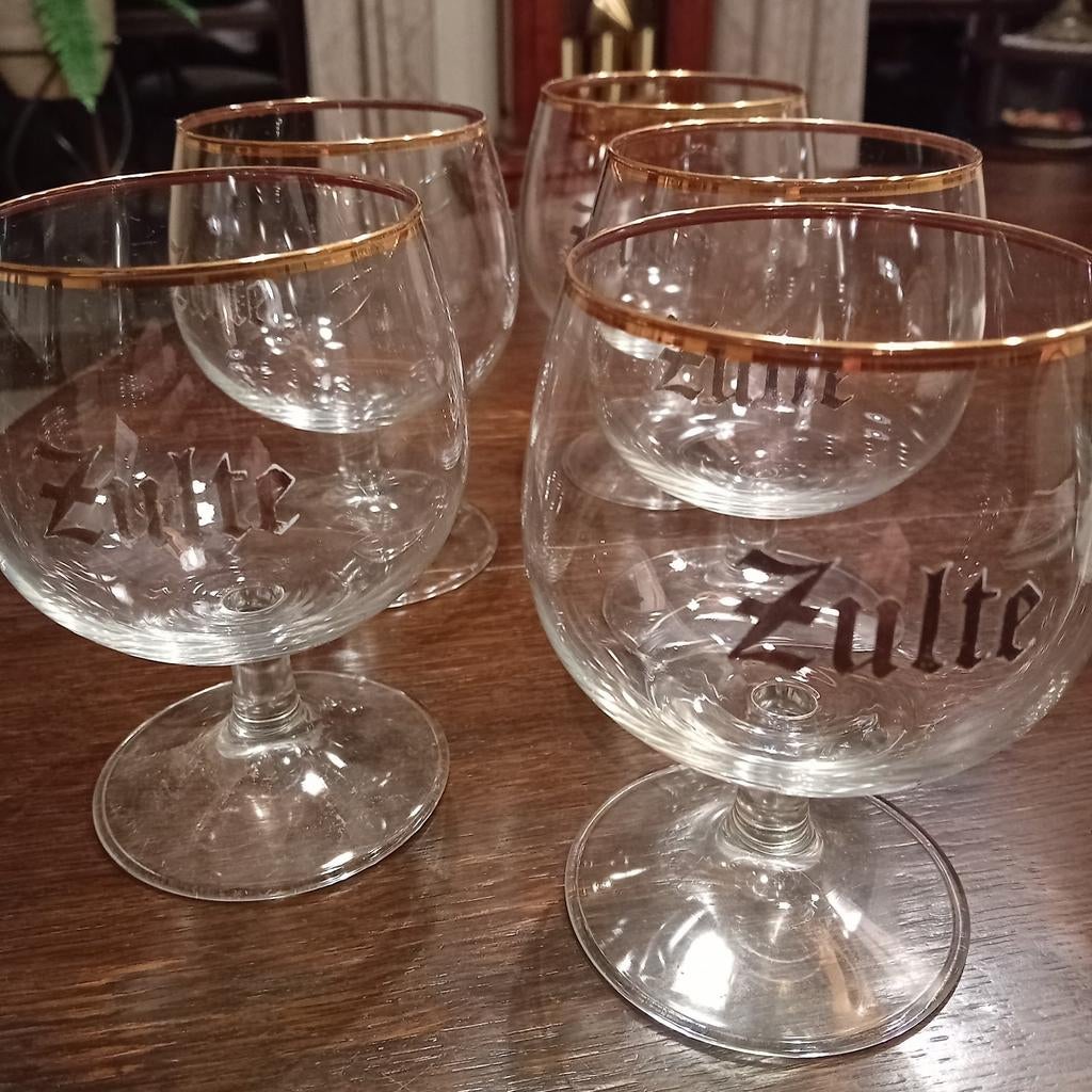 5 bierglazen Zulte met gouden rand en zilverenkleurig email, Ophalen, Zo goed als nieuw
