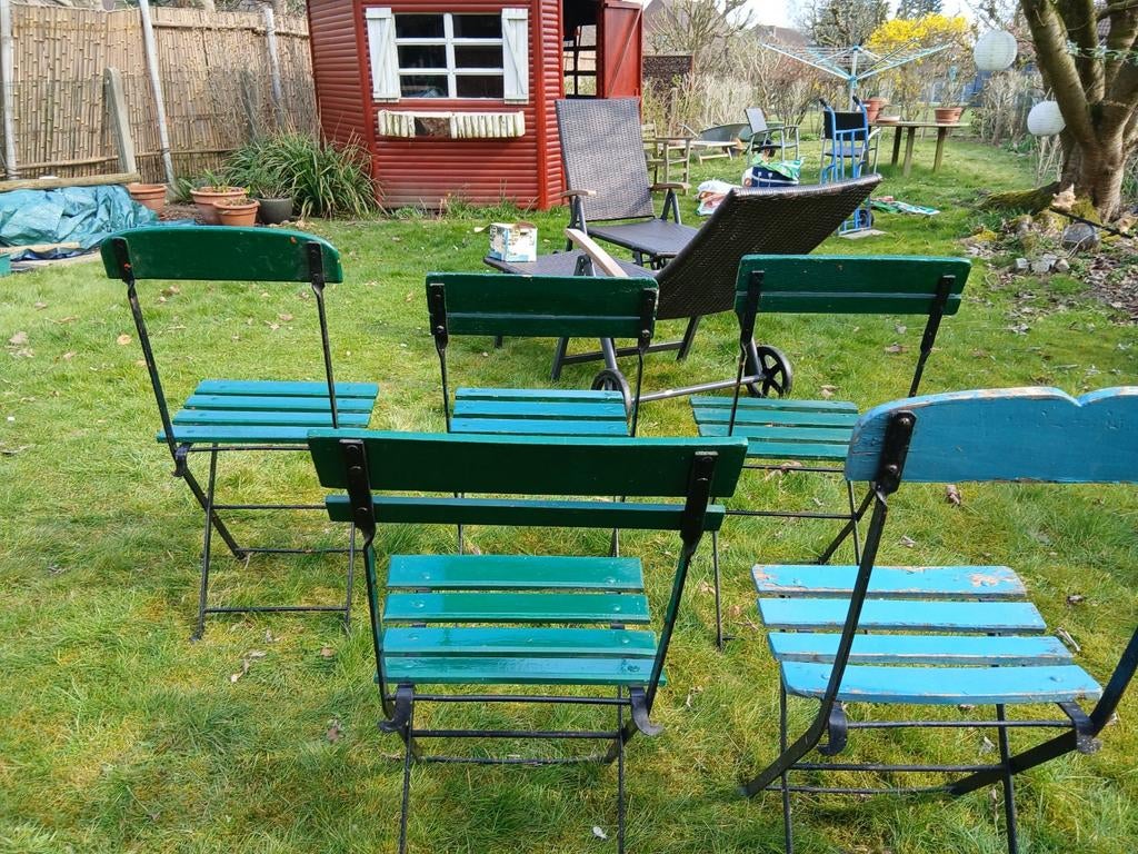ensemble de chaises pliantes de bistrot anciennes 4 vertes,, Enlèvement, Utilisé, Bois, Pliant