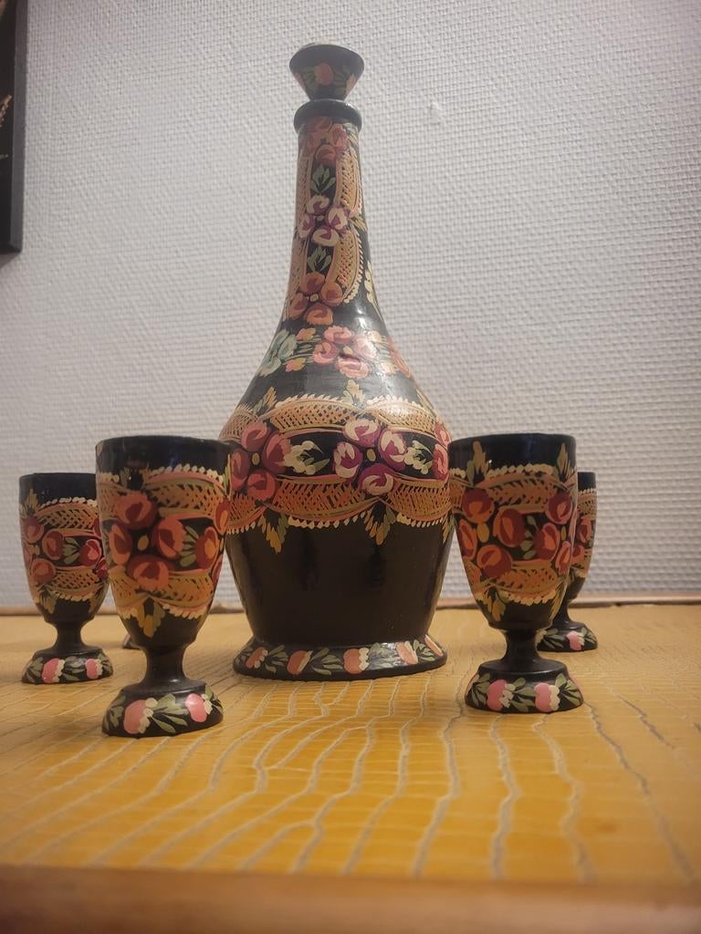 Carafe et verres decoratifs vintage peint à la main, Enlèvement ou Envoi