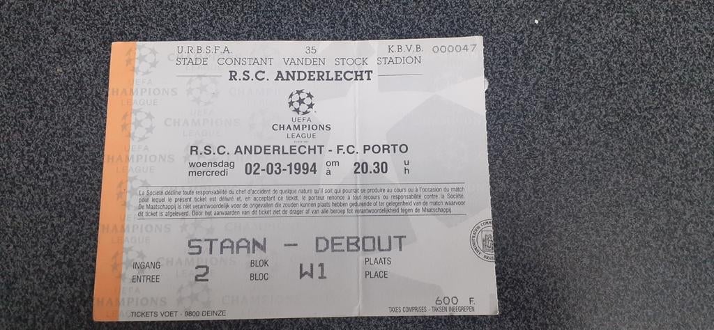 Oud ticket Anderlecht-porto 1994, Tickets & Billets