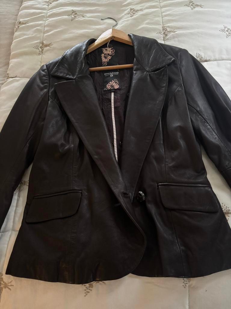 Lederen blazer met kraag die je kan afnemen, Bruin, Maat 42/44 (L), Ophalen of Verzenden, Zo goed als nieuw