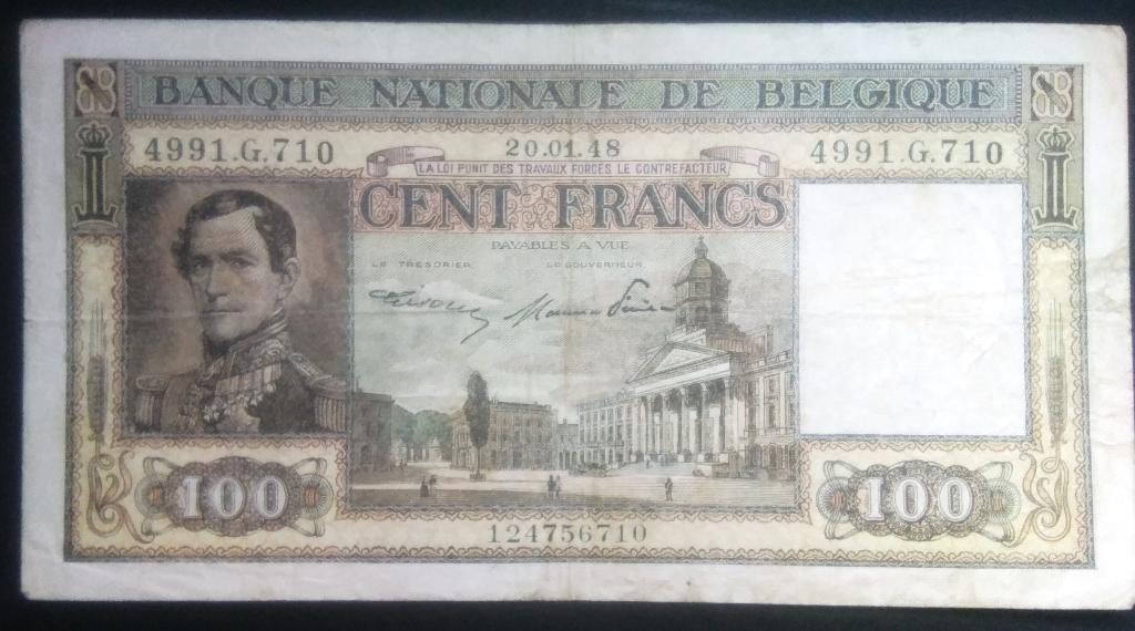 dynastie modèle 100 francs belges - 20-01-1948, Timbres & Monnaies, Enlèvement ou Envoi, Billets en vrac