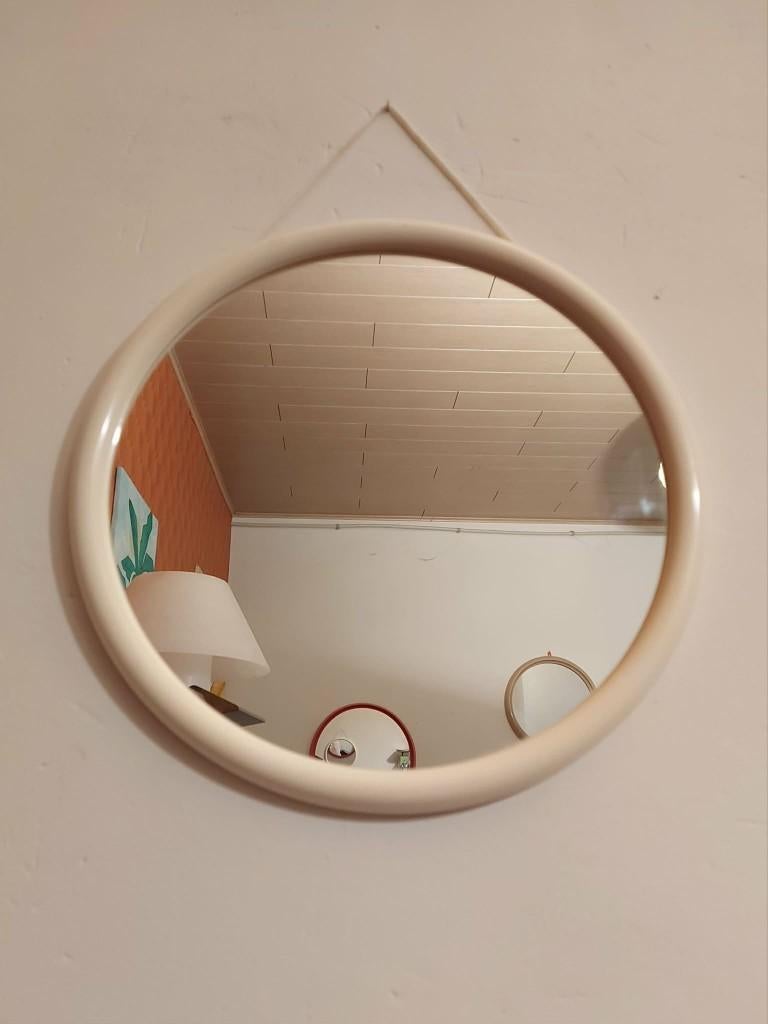 Mid-century ronde spiegel met wit frame, 1980s, Huis en Inrichting, Woonaccessoires | Spiegels, Ophalen, Minder dan 50 cm, Rond