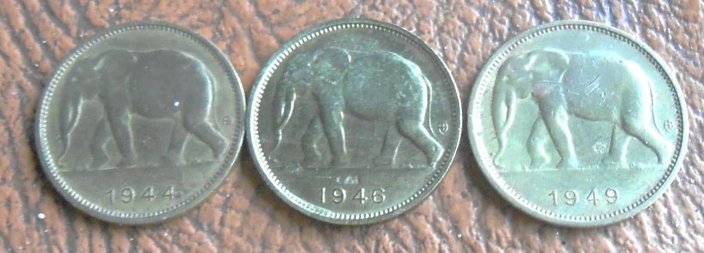 3 munten - 1 frank Belgisch-Congo 1944 - 1946 - 1949, Ophalen of Verzenden, België, Losse munt