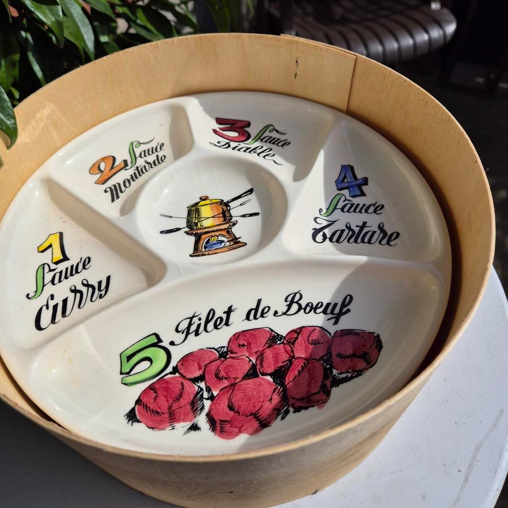 Gien 6 fondue borden met afbeeldingen. Vintage, Antiek en Kunst, Ophalen of Verzenden