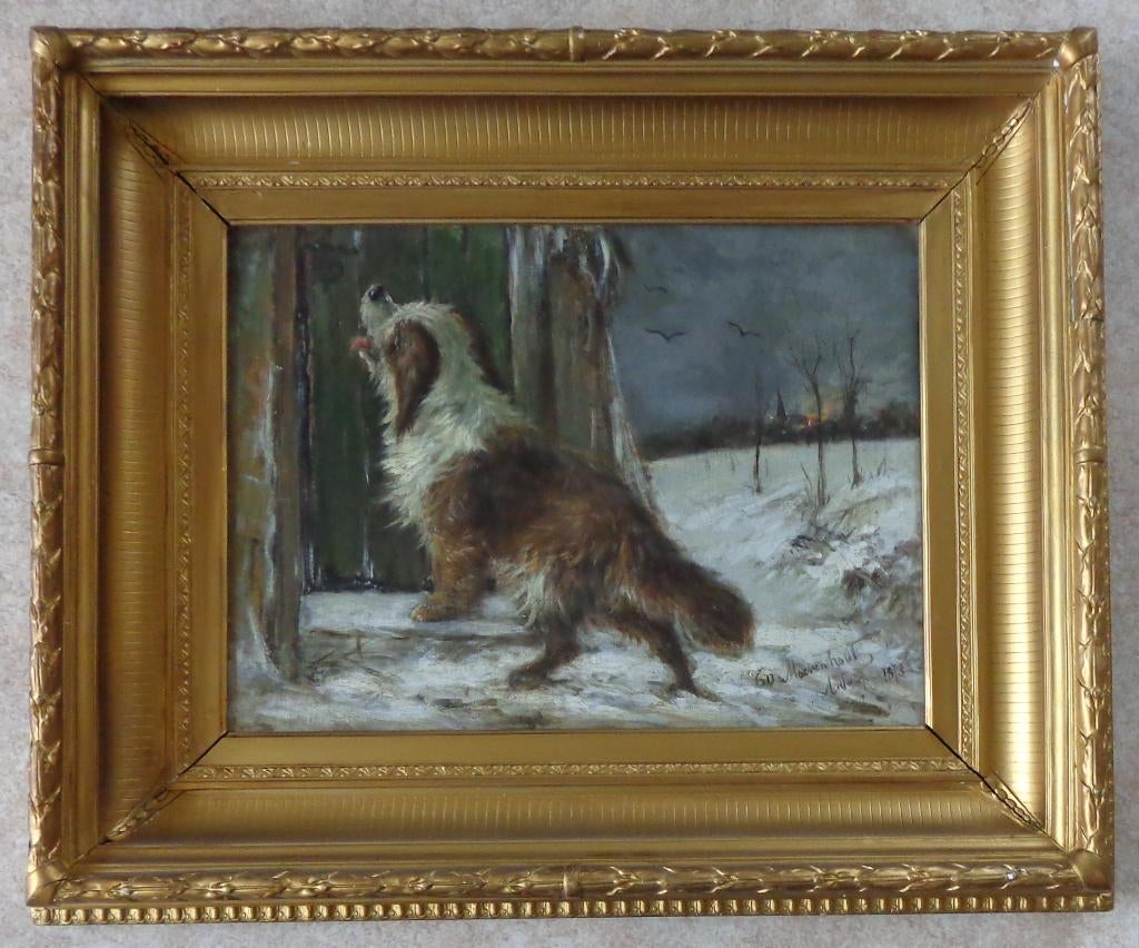 MOERENHOUT / HOND IN SNEEUW / OLIEVERF / 58x70cm KADER SIG, Enlèvement ou Envoi