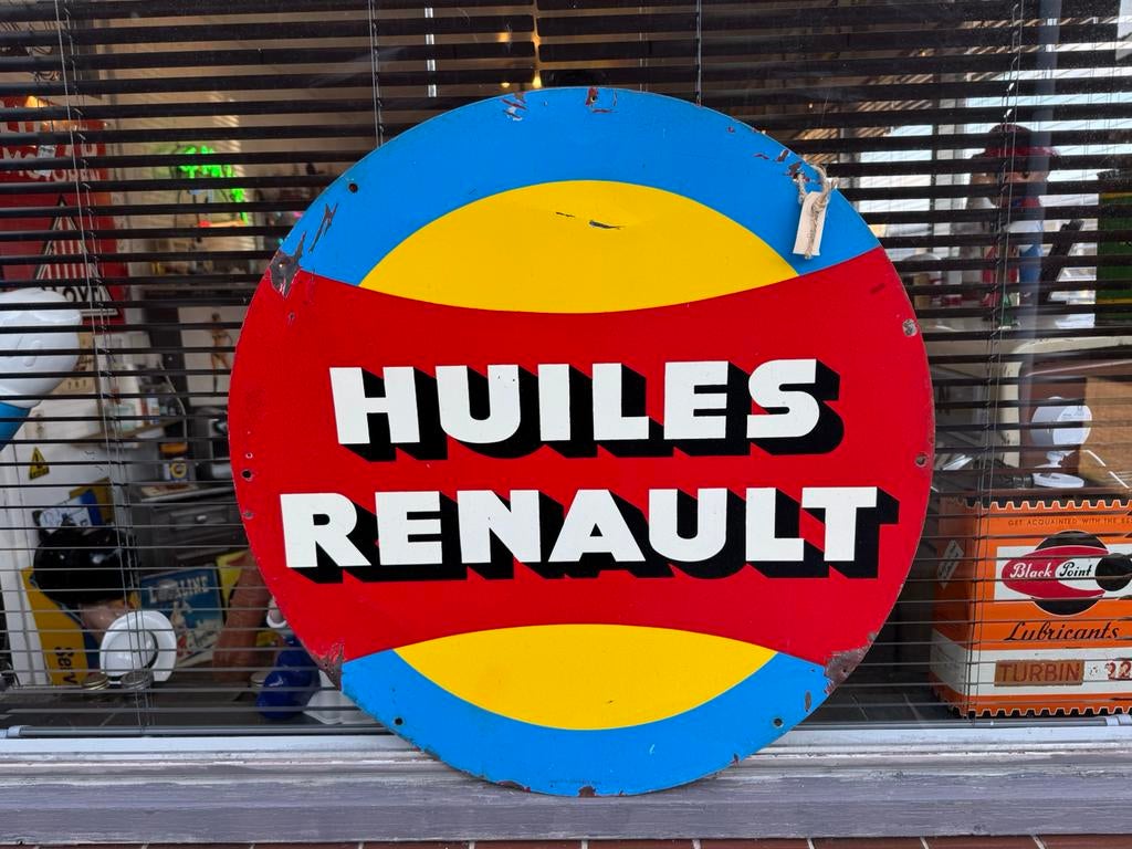 Panneau publicitaire ancien HUILES RENAULT, Enlèvement ou Envoi, Utilisé, Panneau publicitaire