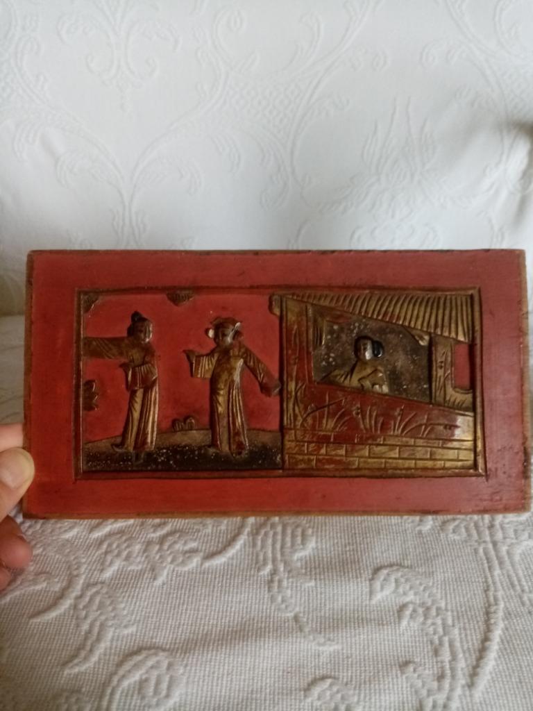 Panneau ancien murale chinois sculpté en bois 1900s 24/13cm, Enlèvement ou Envoi