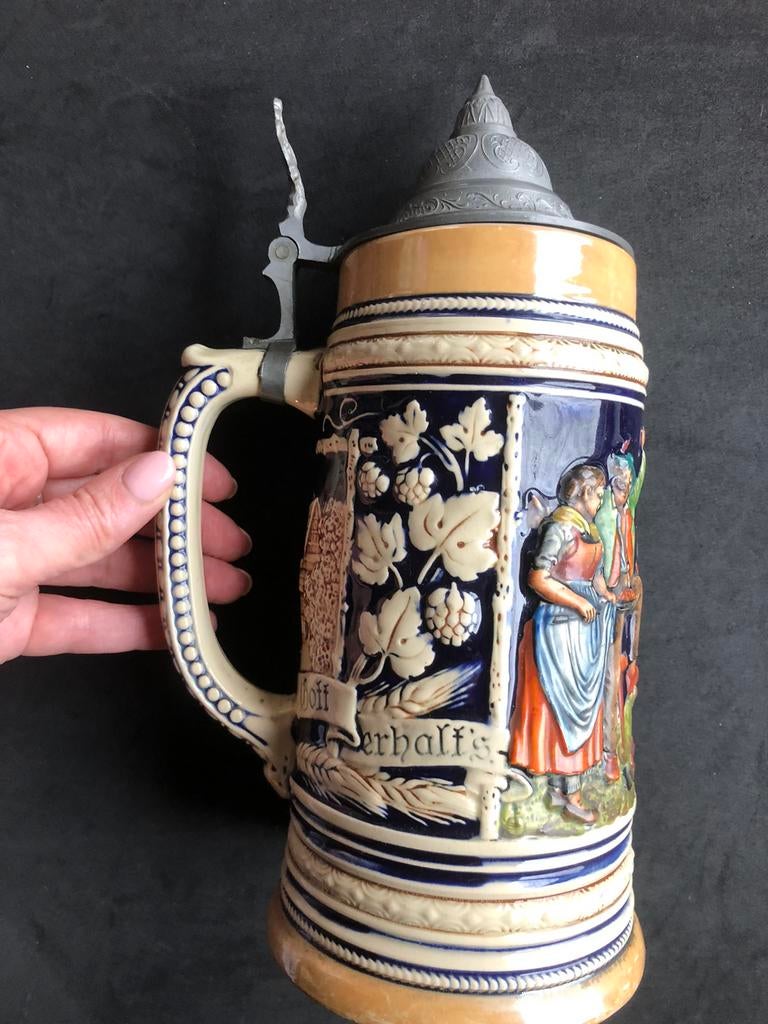Duitse Bierpul (Martersteig) met tinnen deksel – 2572, Verzamelen, Biermerken, Ophalen of Verzenden, Gebruikt