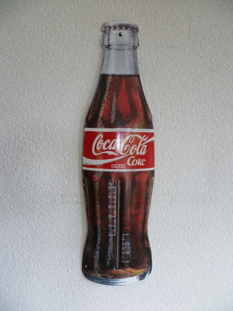 EMAILLE RECLAME THERMOMETER FLESJE"COCA COLA''JAREN 80/90, Ophalen of Verzenden, Zo goed als nieuw, Reclamebord