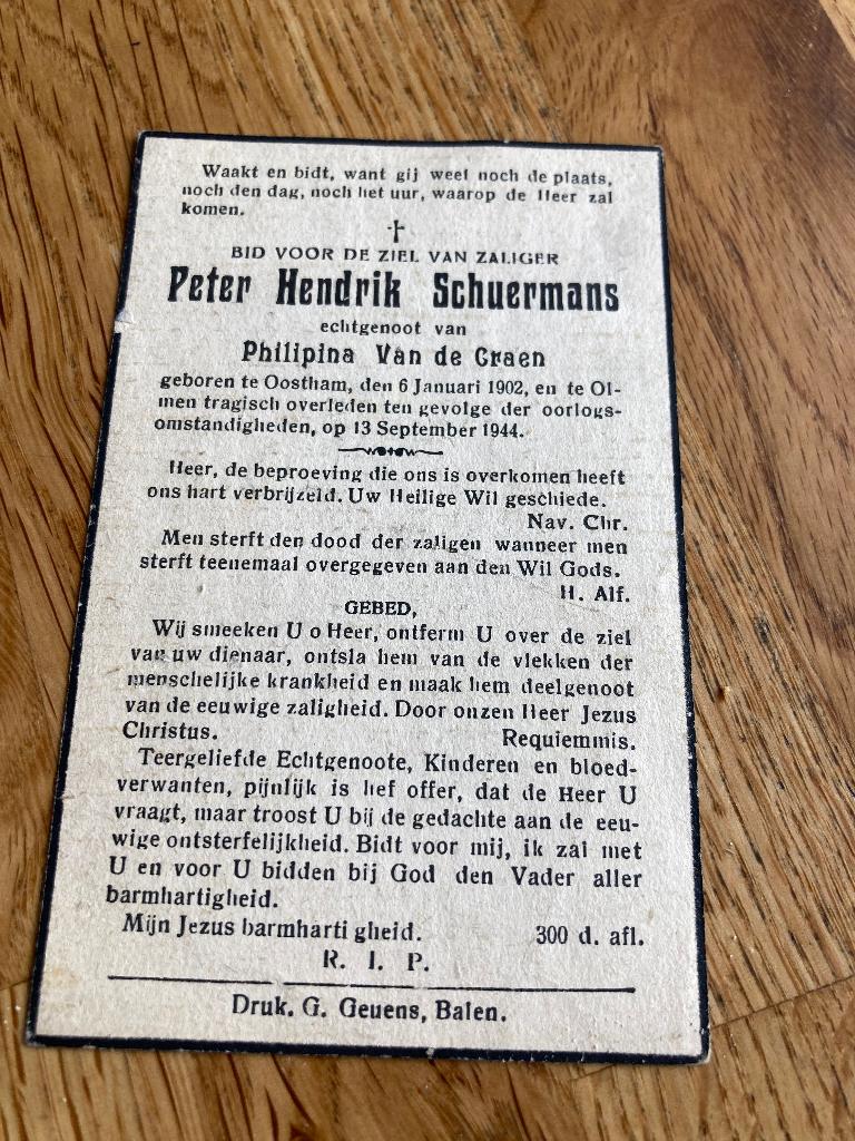 Oorlogsslachtoffer, 1944, Oostham, Olmen, Envoi, Image pieuse