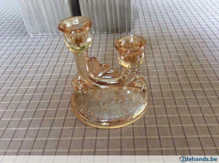 vintage glazen kandelaar met bloemenmotief, Antiek en Kunst