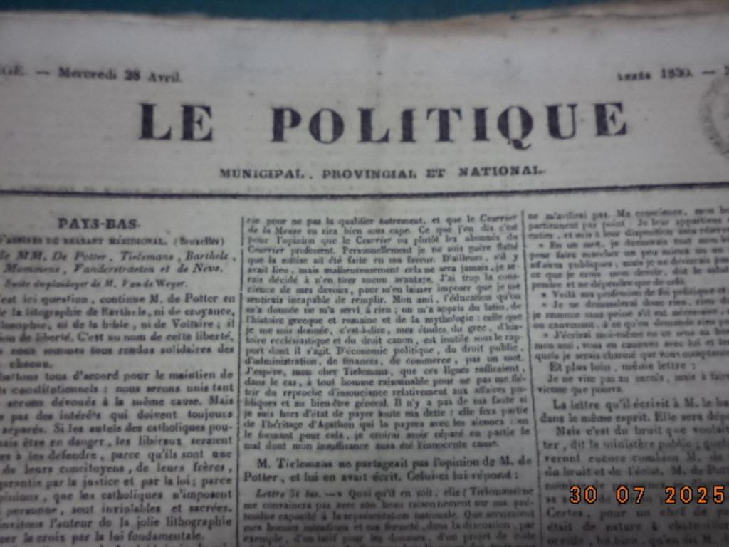 ''Le Politique''. Liège. 1829,1830,1834,1835. Dagblad., Ophalen, Voor 1920, Krant