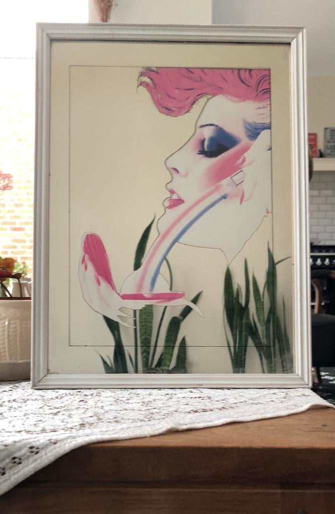 vintage spiegel jaren 80 print make-up girl, Huis en Inrichting, Woonaccessoires | Spiegels, Minder dan 50 cm, Gebruikt, Ophalen of Verzenden