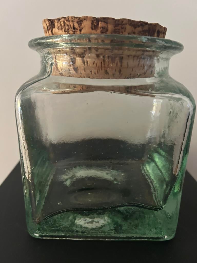 Glazen blokaal,deksel kurk,Gratis bij aankoop.  H15cm, 12x12, Ophalen, Gebruikt