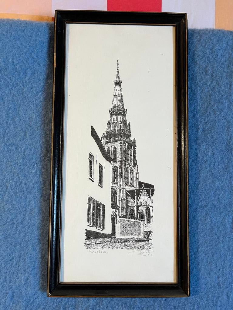 Gravure gesigneerd door Geerts - Gotische kerk in Vlaanderen, Antiek en Kunst, Kunst | Etsen en Gravures, Ophalen of Verzenden