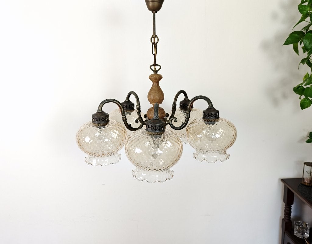 Vintage messing kroonluchter met 5 lampen, Verzenden, Glas