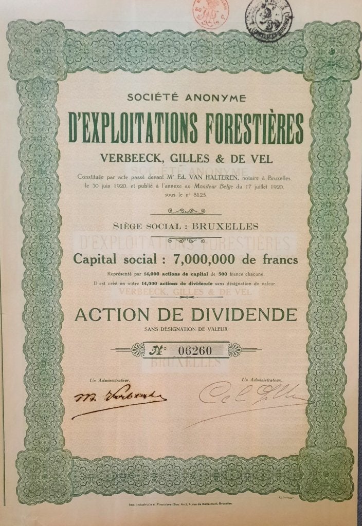 exploitations Forestières Verbeeck, Gilles & De Vel - 1920, Timbres & Monnaies, Enlèvement ou Envoi, 1920 à 1950, Action