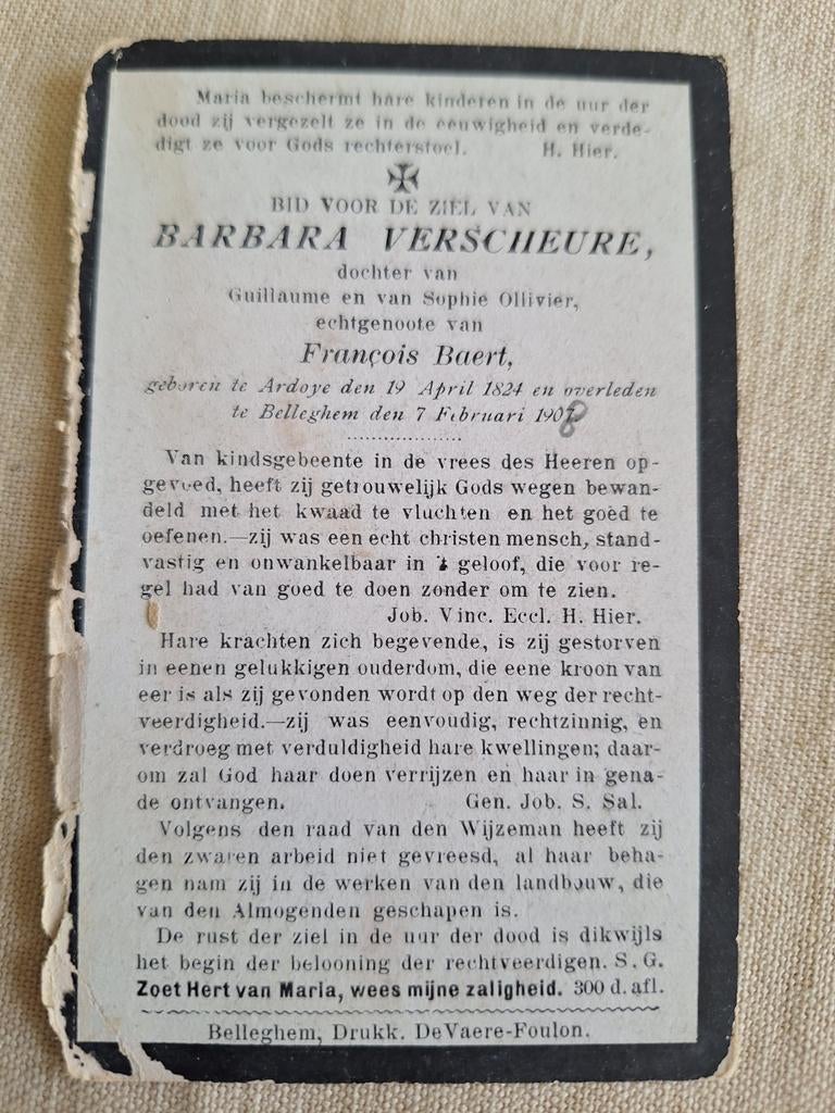 Bidprentje Barbara Verscheure Ardooie 1824 - Bellegem 1908, Ophalen of Verzenden, Bidprentje