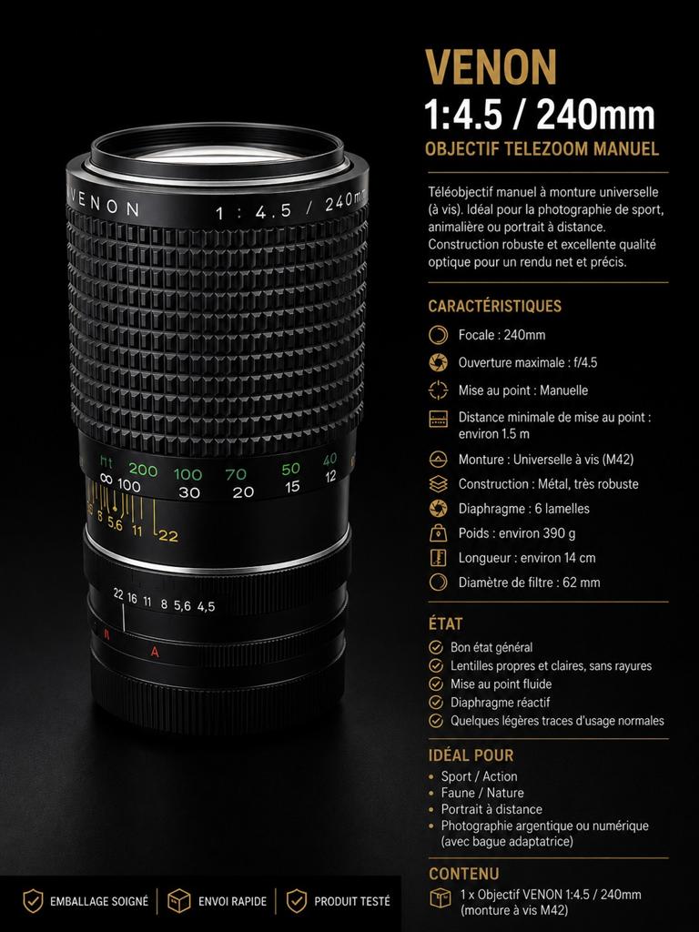 VENON 240 mm f/4.5-lens — vintage handmatige telelens, Audio, Tv en Foto, Foto | Lenzen en Objectieven, Ophalen, Telelens