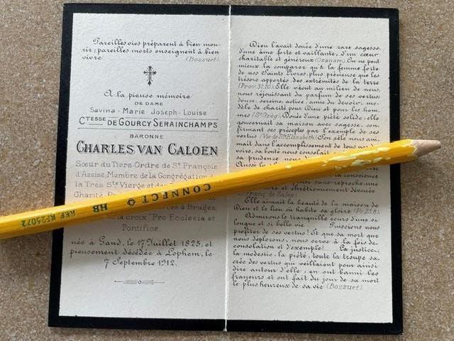 BELGISCHE GRAVIN de Gourcy Serainchamps KASTEEL VAN LOPPEM, Ophalen of Verzenden, Bidprentje