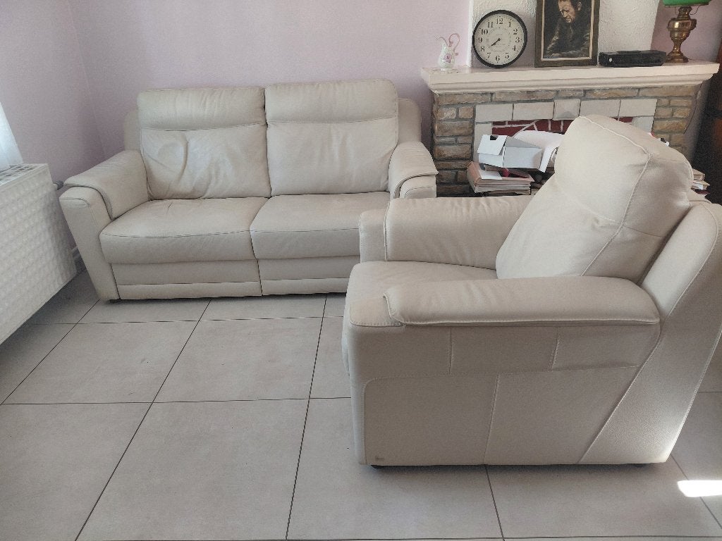 Salon  en cuir crème – Canapé 2 places + Fauteuil relax, Trois personnes, Comme neuf, Enlèvement, Cuir