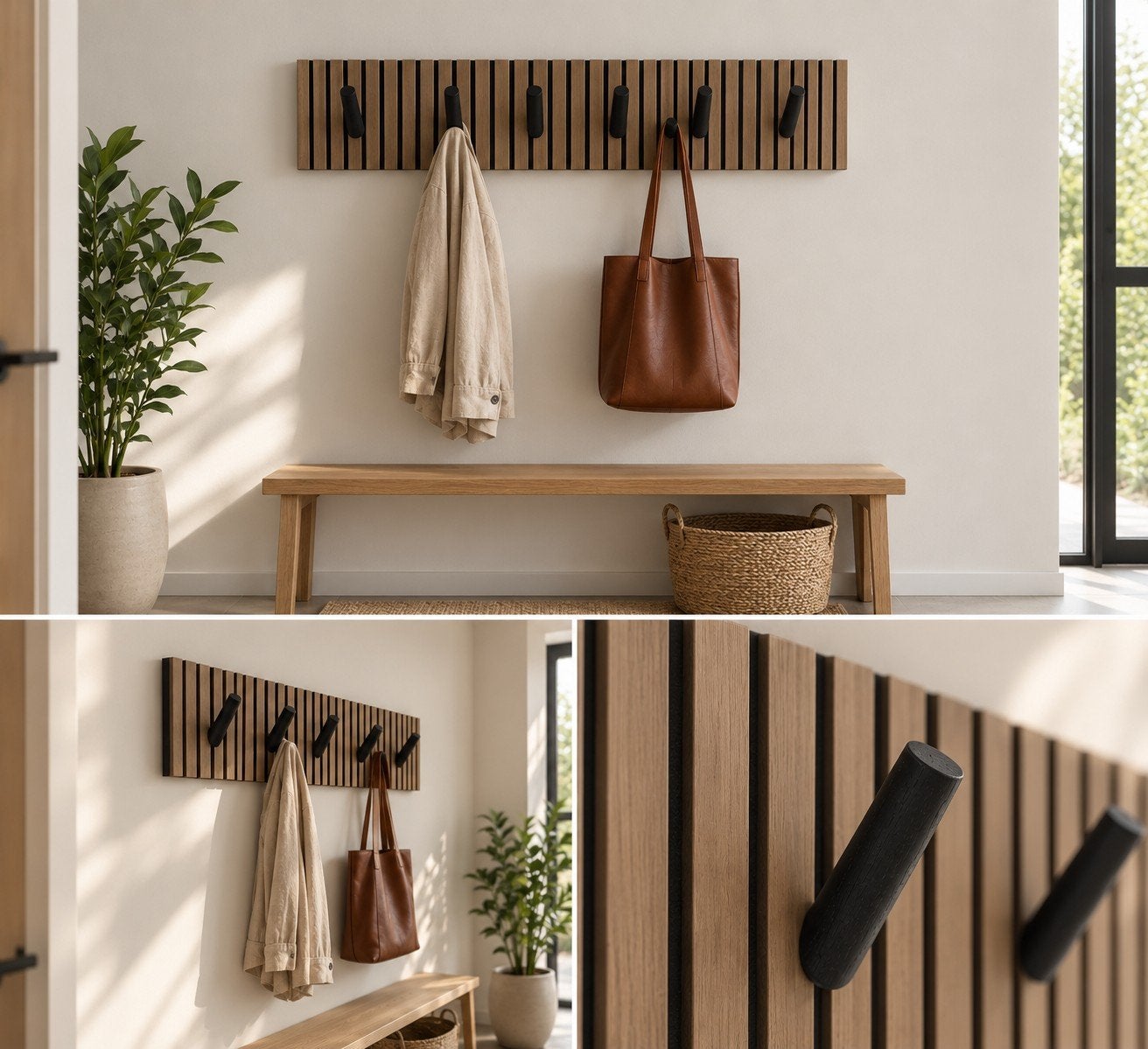 Porte-manteau moderne en bois avec crochets noirs - fait mai, Maison & Meubles, Enlèvement