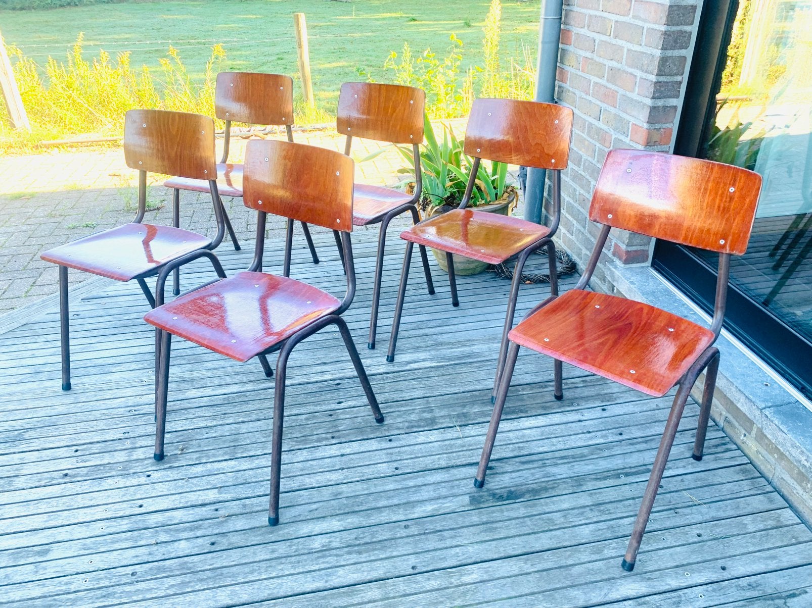 Eromes OBO - vintage jaren 70 - Mid century -6 schoolstoelen, Ophalen, Gebruikt, Hout, Vijf, Zes of meer stoelen