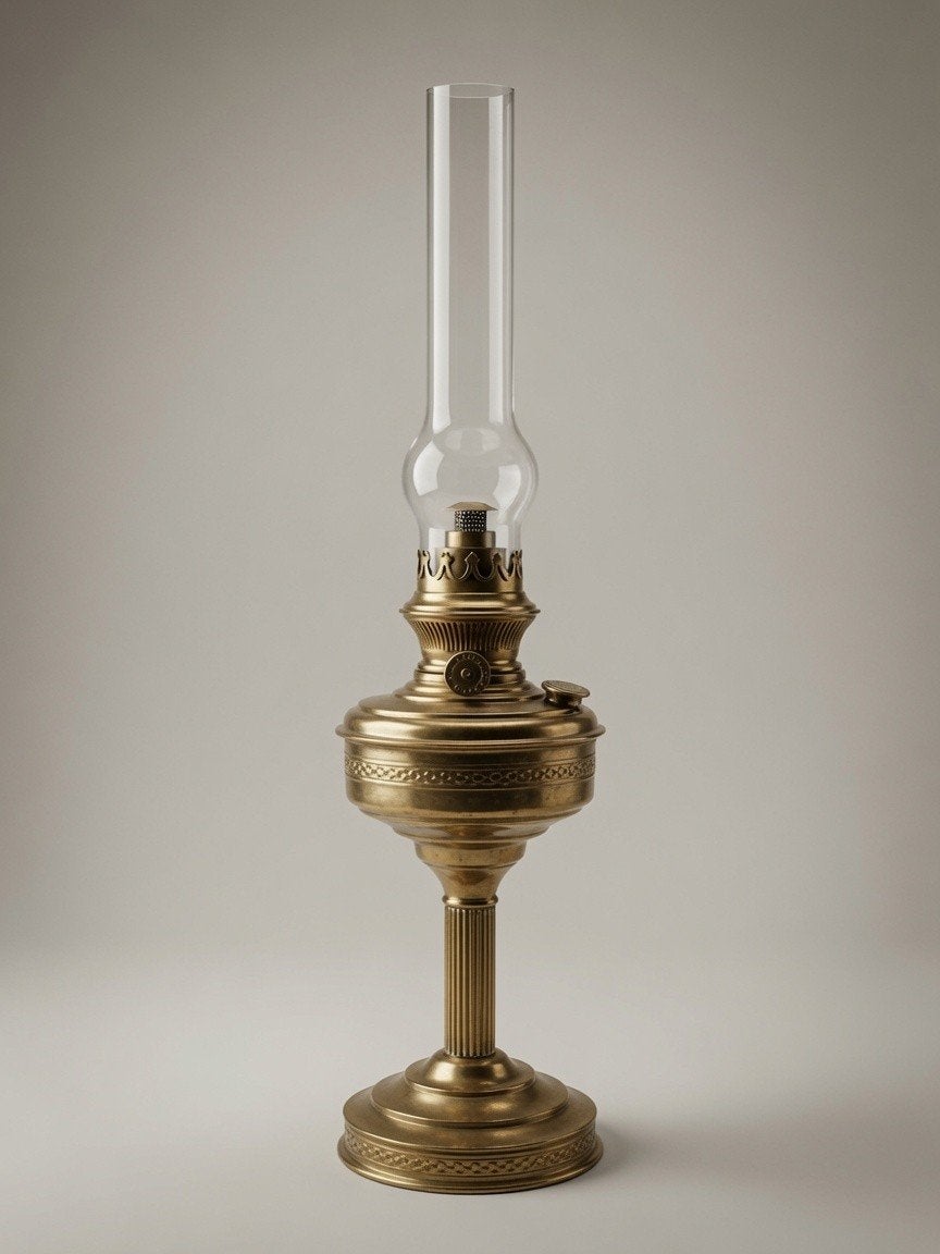 Lampe à pétrole en laiton – Lampreur & Bernard, Liège (Belgi, Antiquités & Art, Enlèvement ou Envoi