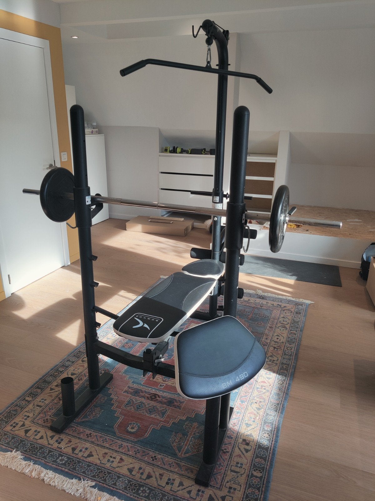Banc de musculation complet + Haltères + Poids, Sports & Fitness, Enlèvement, Comme neuf, Bras, Banc d'exercice