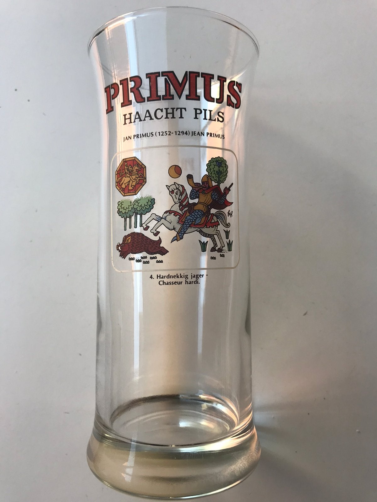 Vintage Primus Haacht Pils bierglas, kleurrijke afbeelding., Enlèvement, Utilisé, Verre ou Verres, Autres marques