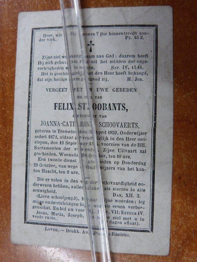 Felix Stroobants -Schoovaerts Tremelo 1852-1874, Verzenden, Bidprentje