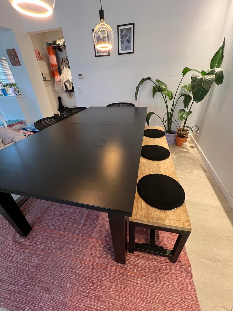 Uitschuifbare eettafel IKEA 6-10 pers + eetbank, Huis en Inrichting, Ophalen, 100 tot 150 cm, Eikenhout, 200 cm of meer
