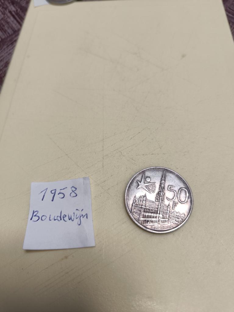 Zilver munt 50 Frank Boudewijn 1958, Postzegels en Munten, Ophalen, Zilver