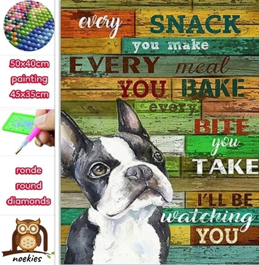 50x40cm Diamond Painting boston terrier (rond) nr 2044, Verzenden, Nieuw, Meerkleurig, Overige materialen