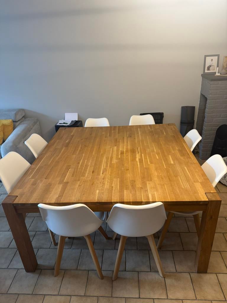 moderne grote eettafel 1,5 m x 1,5 m + 8 stoelen, Huis en Inrichting, Tafels | Eettafels, Ophalen, Gebruikt, 150 tot 200 cm, Vierkant