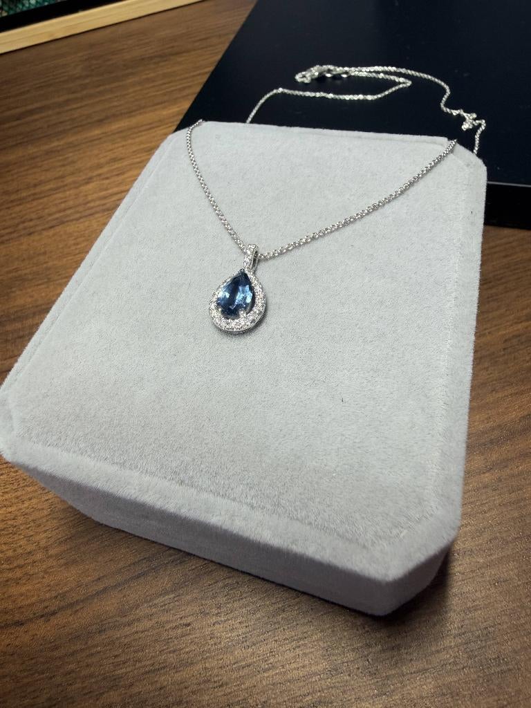 Pendentif OR 18K Saphir & Diamants Naturels + Certificat, Neuf, Or, Or, Enlèvement