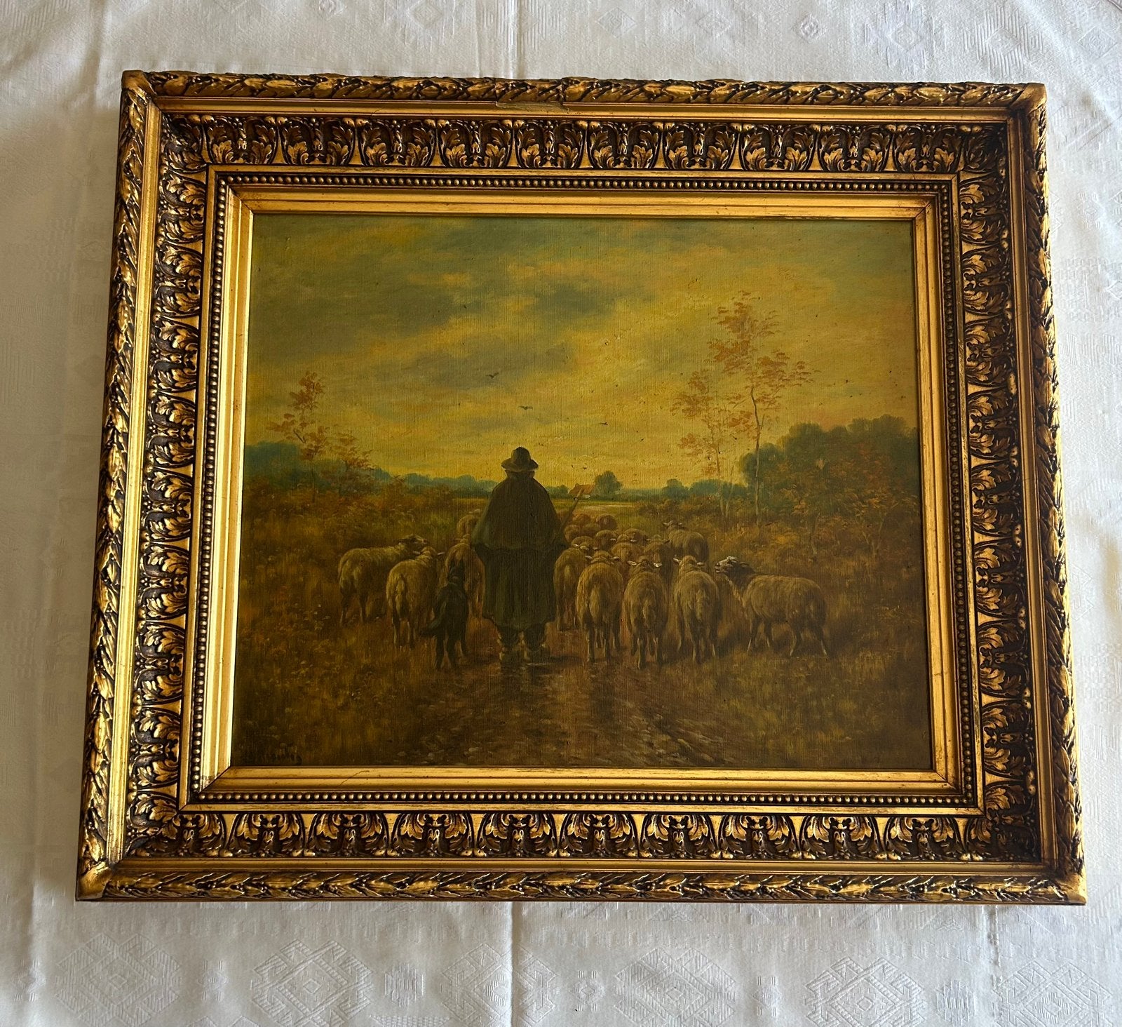 Schilderij Henry Schouten - Herder met schaapskudde (doek), Antiek en Kunst, Ophalen, Dieren, Doek