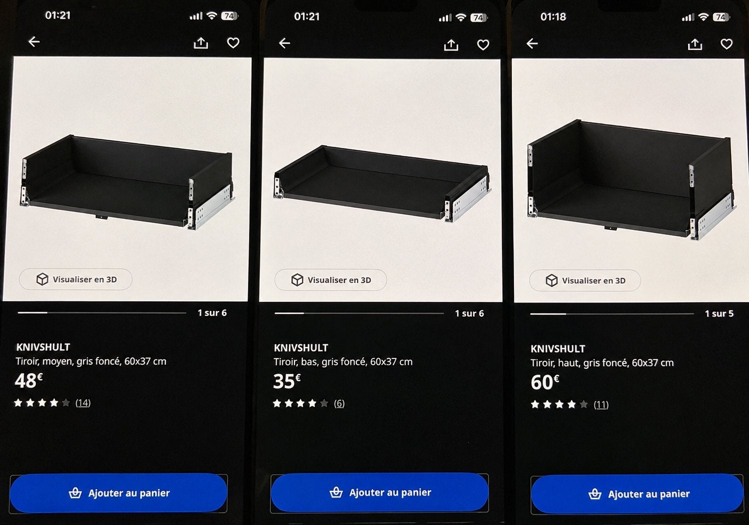 Set van 3 IKEA KNIVSHULT lades – Nieuw (Laag, Middel, Hoog), Ophalen, Grijs