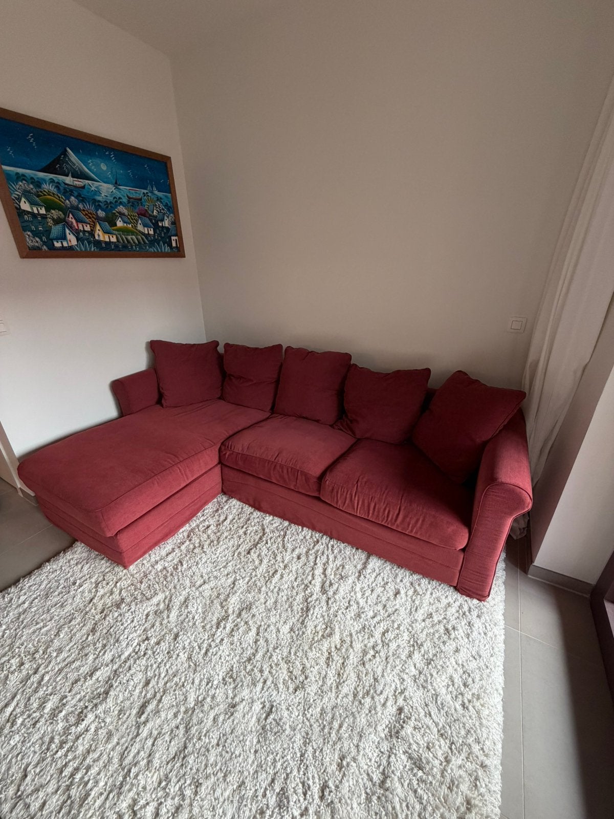 IKEA 3-zitsbank met chaise longue in donkerrode kleur, Enlèvement, Utilisé, Tissus