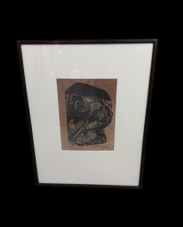 Spitten houtsnede George Noteboom 1906-1987, Ophalen, Houtsnede, Gesigneerd