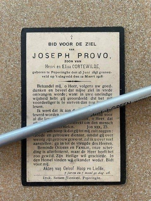 14-18 Soldaat Joseph PROVO Poperinge gesneuveld 12/3/1918, Ophalen of Verzenden, Bidprentje