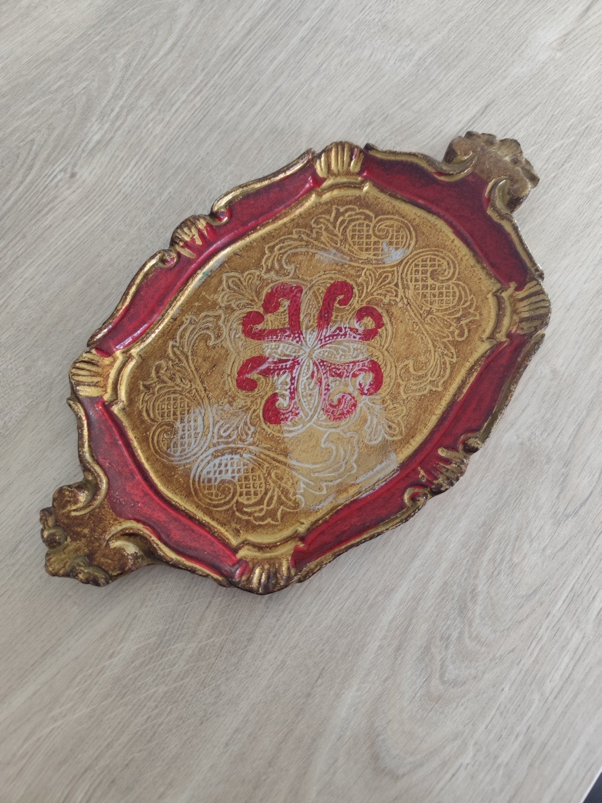 Plateau florentin vintage rouge bordeaux et doré, Enlèvement ou Envoi